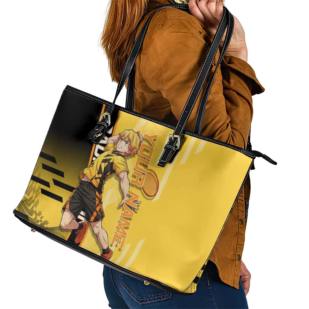 Personalized Zenitsu Agatsuki Demon Slayer Badminton Theme Leather Tote Bag with Racket Action Pose and Yellow Black Graphic Design - The Mazicc
