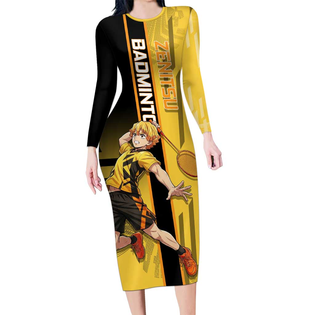 Personalized Zenitsu Agatsuki Demon Slayer Badminton Theme Long Sleeve Bodycon Dress with Racket Action Pose and Yellow Black Graphic Design - The Mazicc