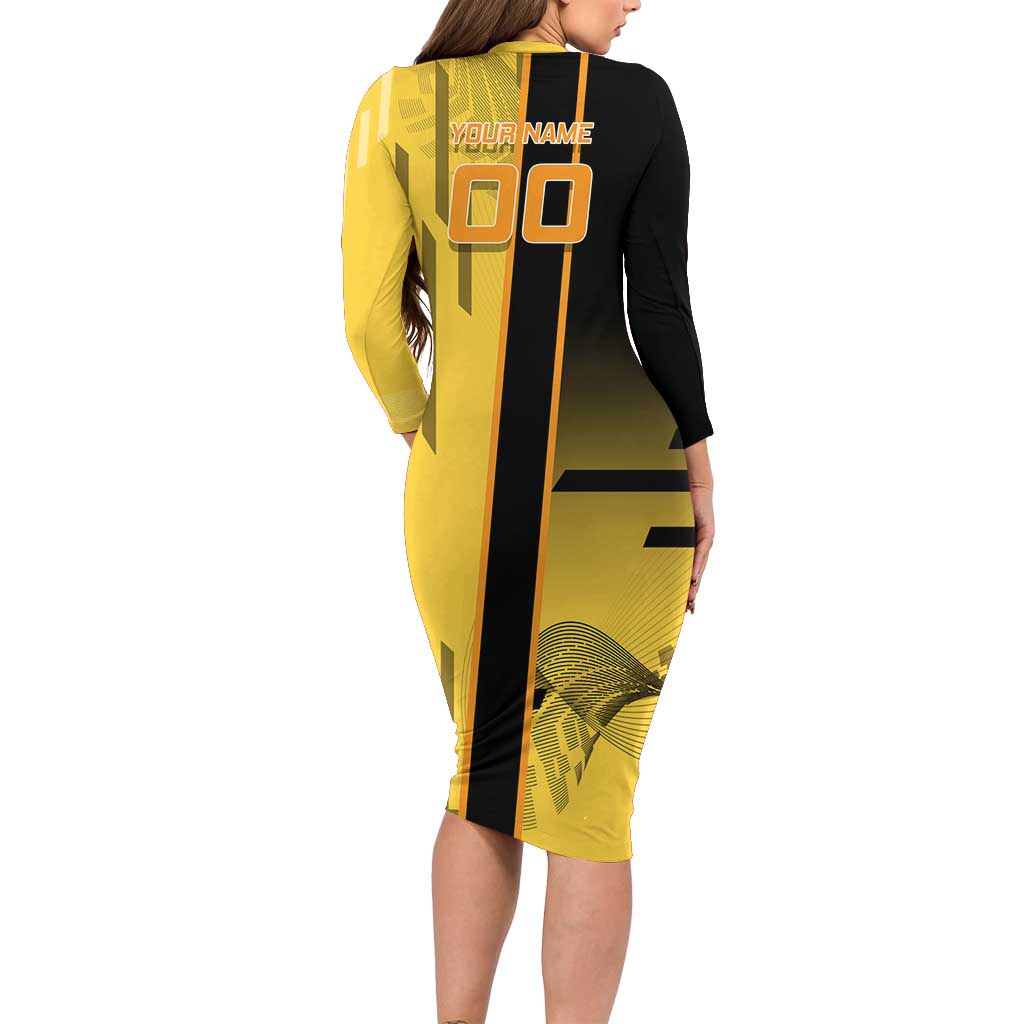 Personalized Zenitsu Agatsuki Demon Slayer Badminton Theme Long Sleeve Bodycon Dress with Racket Action Pose and Yellow Black Graphic Design - The Mazicc