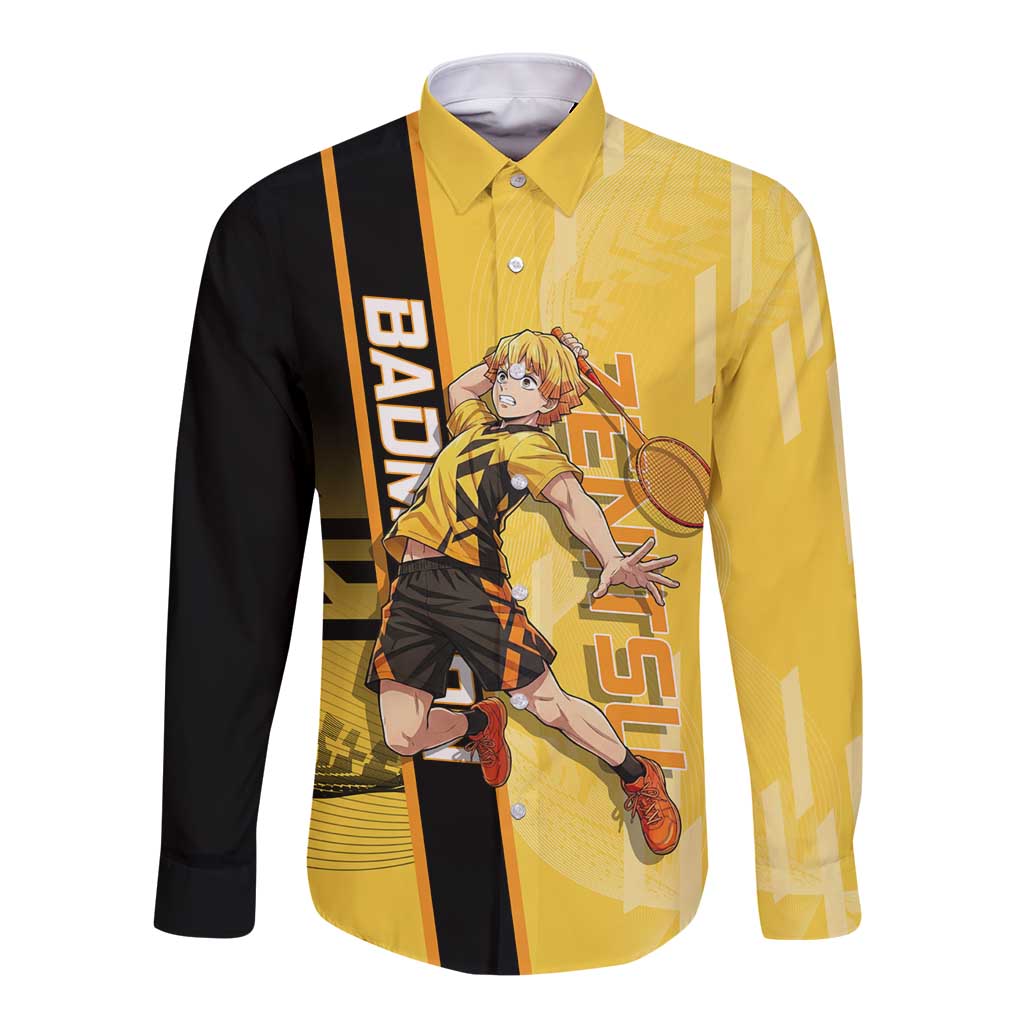 Personalized Zenitsu Agatsuki Demon Slayer Badminton Theme Long Sleeve Button Shirt with Racket Action Pose and Yellow Black Graphic Design - The Mazicc