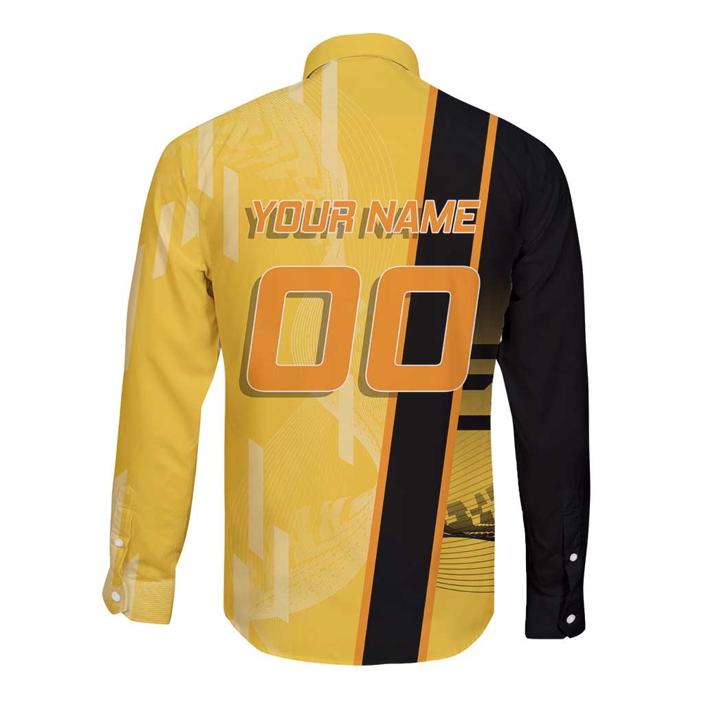 Personalized Zenitsu Agatsuki Demon Slayer Badminton Theme Long Sleeve Button Shirt with Racket Action Pose and Yellow Black Graphic Design - The Mazicc