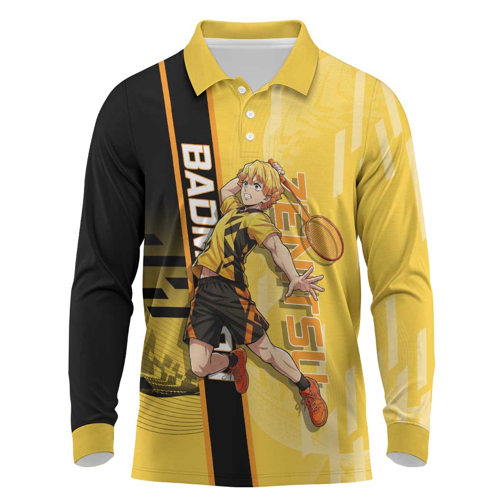 Personalized Zenitsu Agatsuki Demon Slayer Badminton Theme Long Sleeve Polo Shirt with Racket Action Pose and Yellow Black Graphic Design - The Mazicc