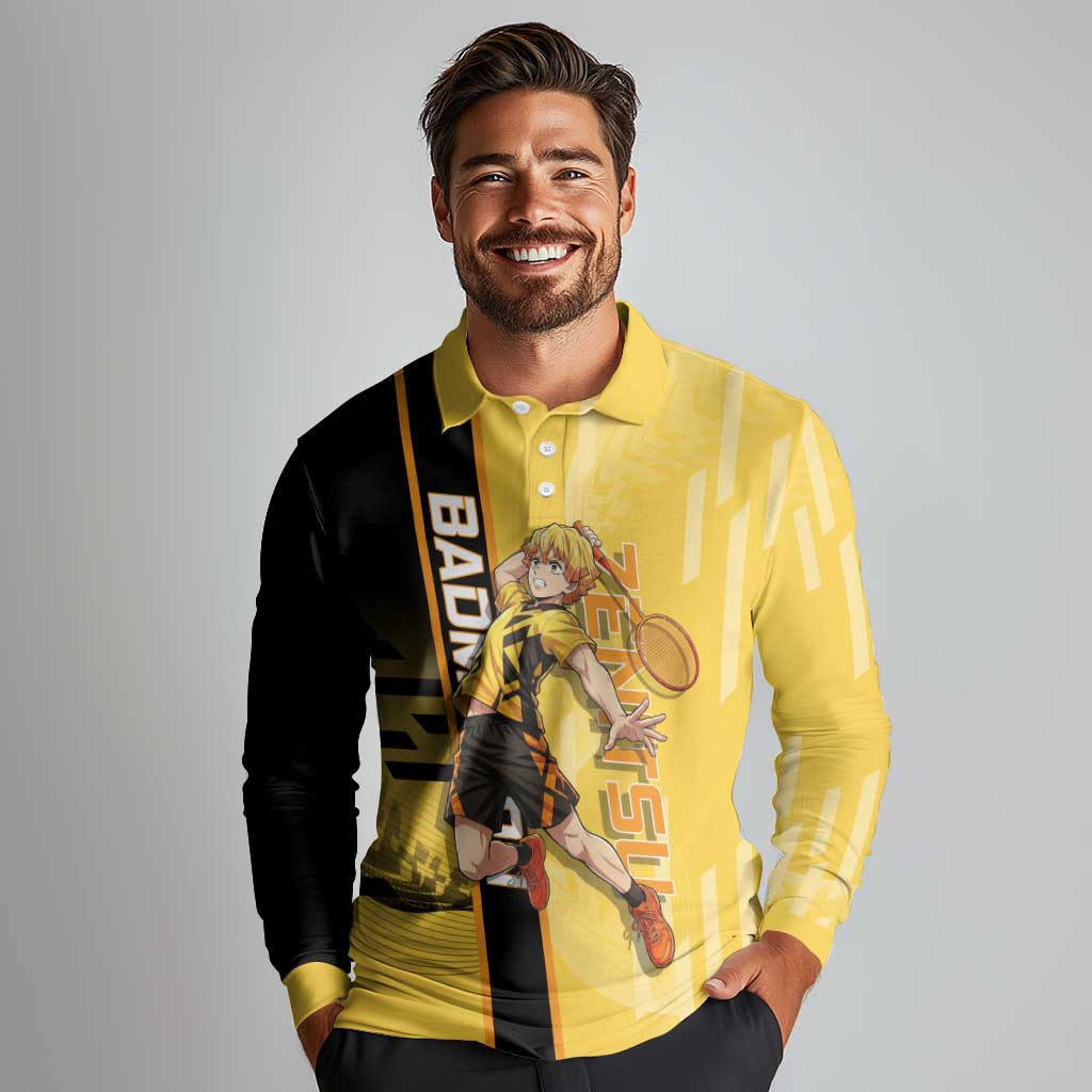 Personalized Zenitsu Agatsuki Demon Slayer Badminton Theme Long Sleeve Polo Shirt with Racket Action Pose and Yellow Black Graphic Design - The Mazicc