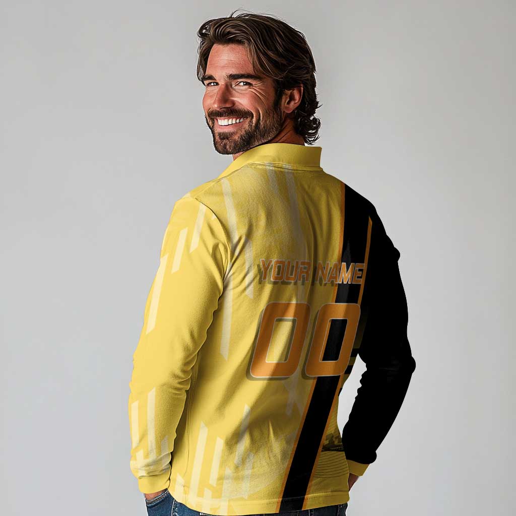Personalized Zenitsu Agatsuki Demon Slayer Badminton Theme Long Sleeve Polo Shirt with Racket Action Pose and Yellow Black Graphic Design - The Mazicc