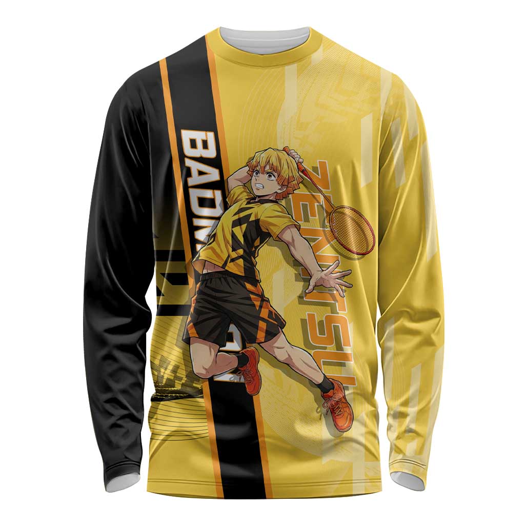 Personalized Zenitsu Agatsuki Demon Slayer Badminton Theme Long Sleeve Shirt with Racket Action Pose and Yellow Black Graphic Design - The Mazicc