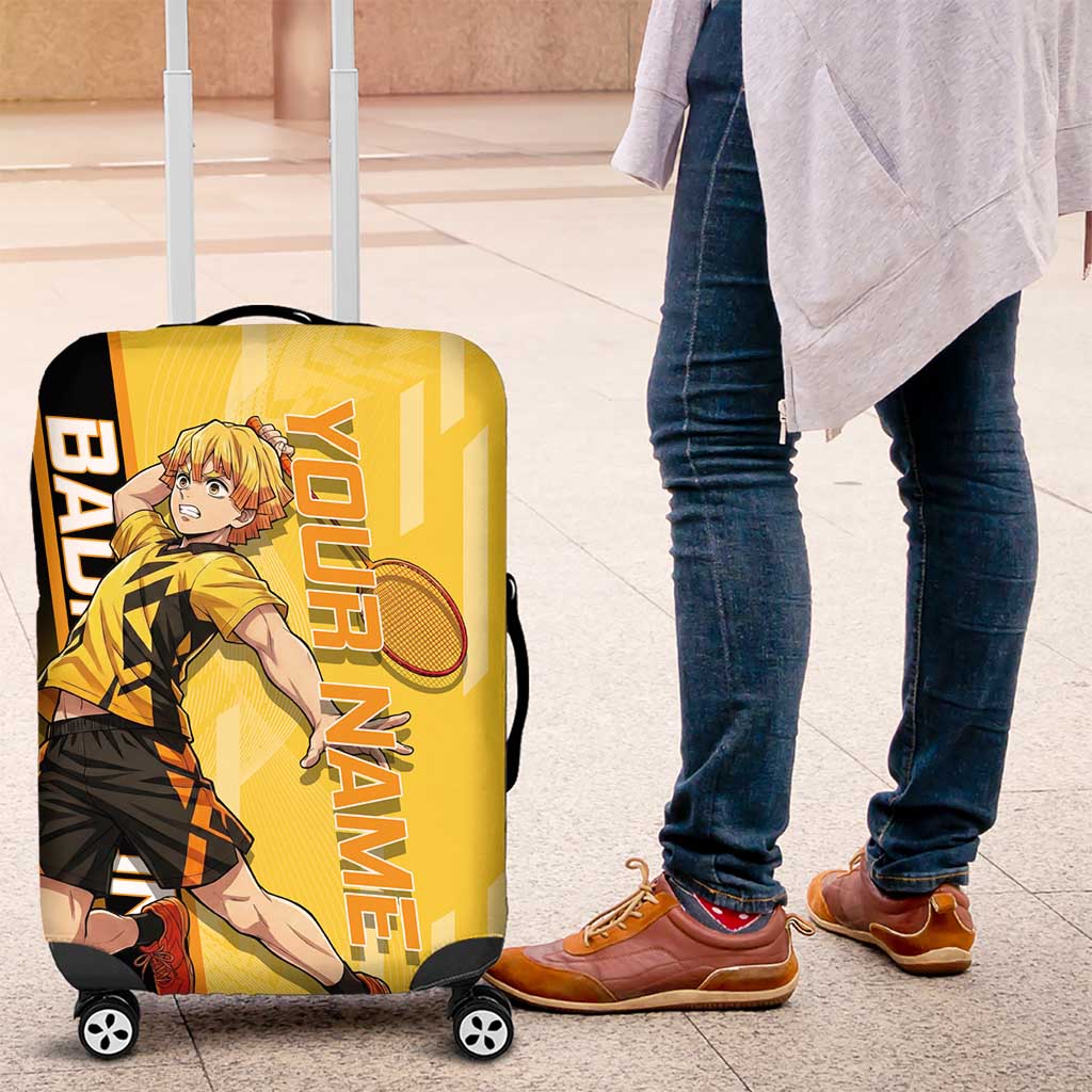 Personalized Zenitsu Agatsuki Demon Slayer Badminton Theme Luggage Cover with Racket Action Pose and Yellow Black Graphic Design - The Mazicc