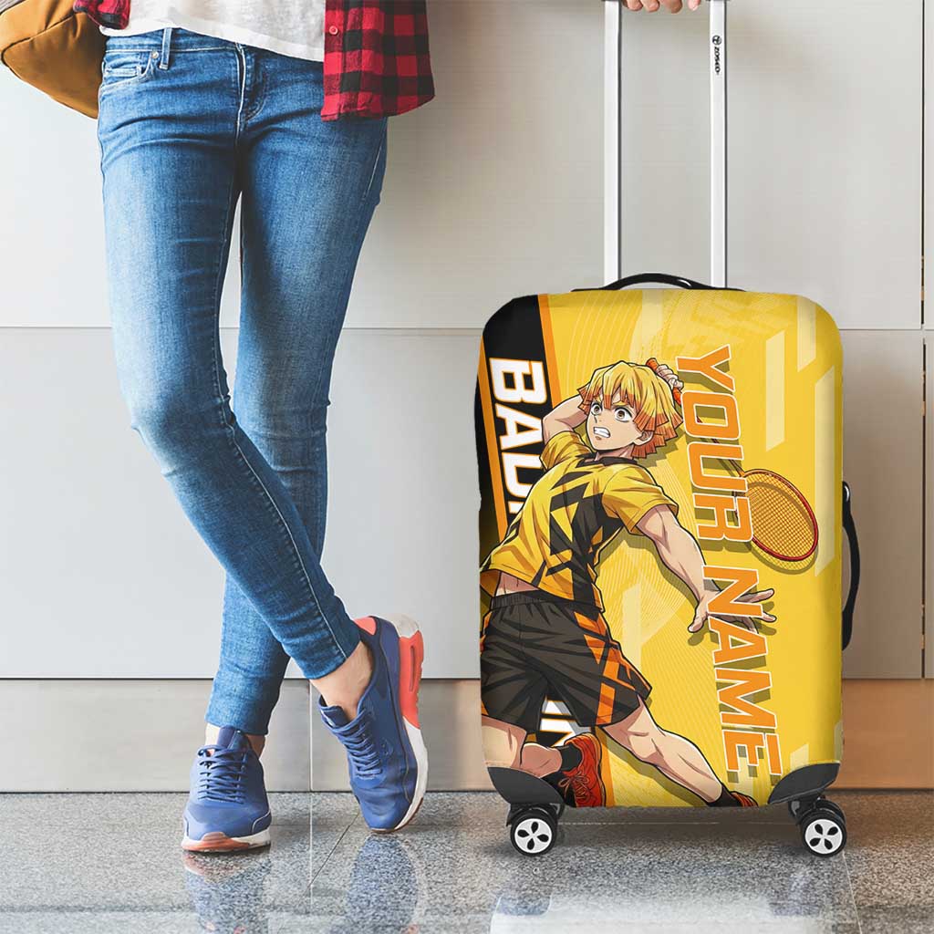 Personalized Zenitsu Agatsuki Demon Slayer Badminton Theme Luggage Cover with Racket Action Pose and Yellow Black Graphic Design - The Mazicc
