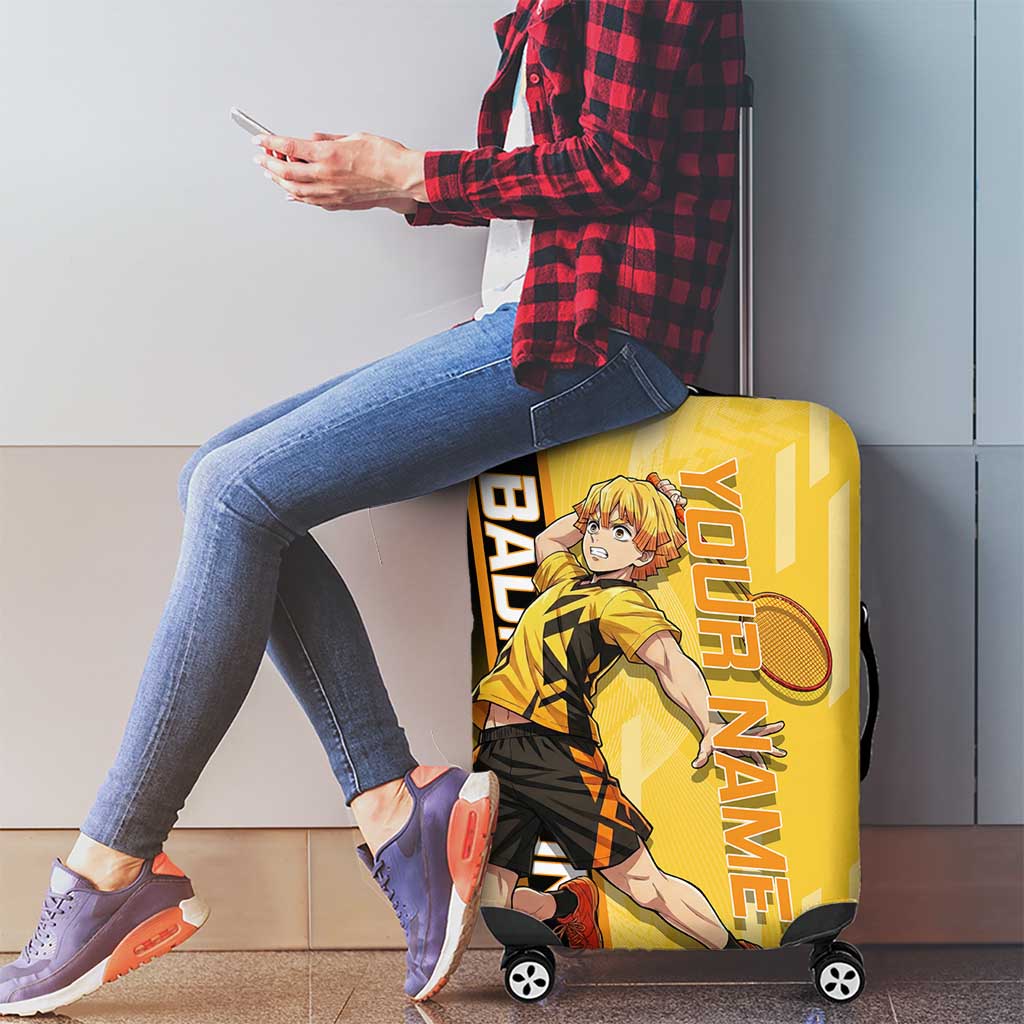 Personalized Zenitsu Agatsuki Demon Slayer Badminton Theme Luggage Cover with Racket Action Pose and Yellow Black Graphic Design - The Mazicc