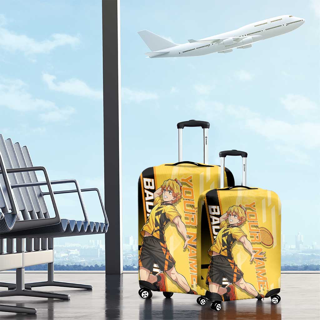 Personalized Zenitsu Agatsuki Demon Slayer Badminton Theme Luggage Cover with Racket Action Pose and Yellow Black Graphic Design - The Mazicc