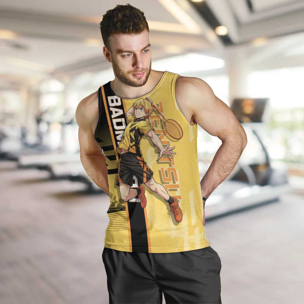 Personalized Zenitsu Agatsuki Demon Slayer Badminton Theme Men Tank Top with Racket Action Pose and Yellow Black Graphic Design - The Mazicc