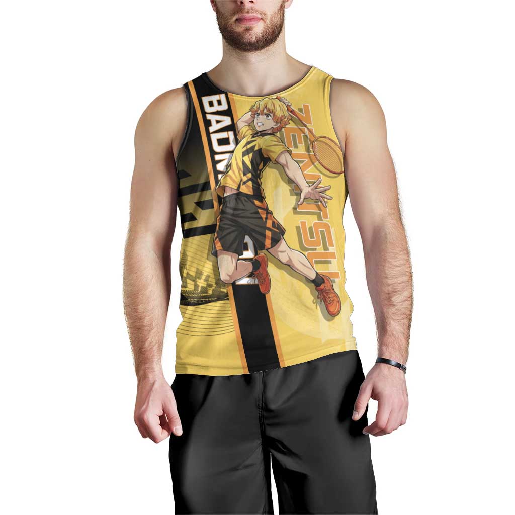 Personalized Zenitsu Agatsuki Demon Slayer Badminton Theme Men Tank Top with Racket Action Pose and Yellow Black Graphic Design - The Mazicc