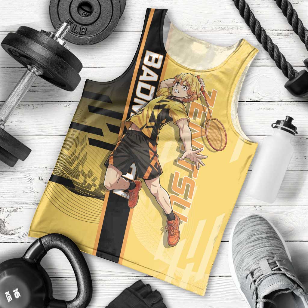 Personalized Zenitsu Agatsuki Demon Slayer Badminton Theme Men Tank Top with Racket Action Pose and Yellow Black Graphic Design - The Mazicc
