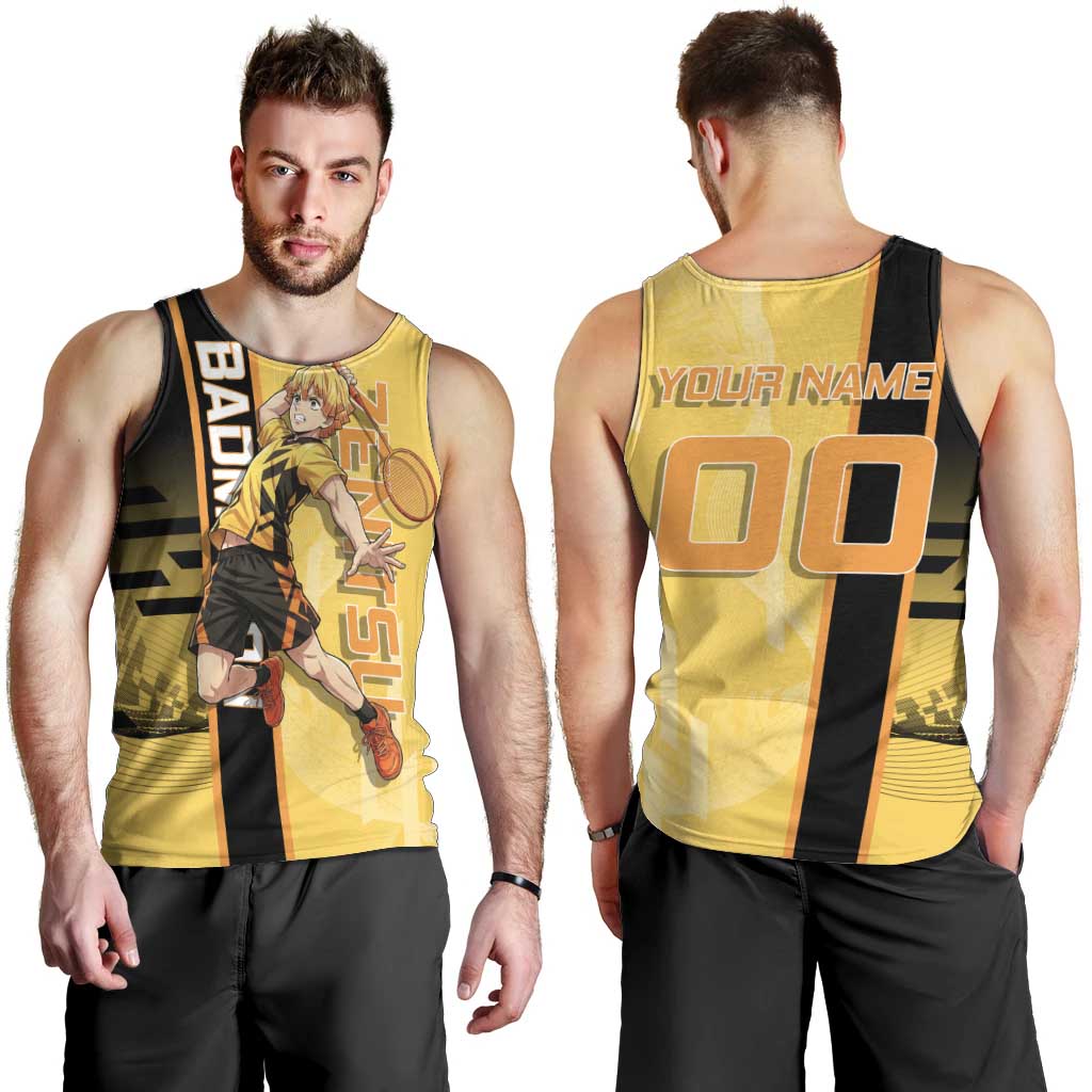 Personalized Zenitsu Agatsuki Demon Slayer Badminton Theme Men Tank Top with Racket Action Pose and Yellow Black Graphic Design - The Mazicc