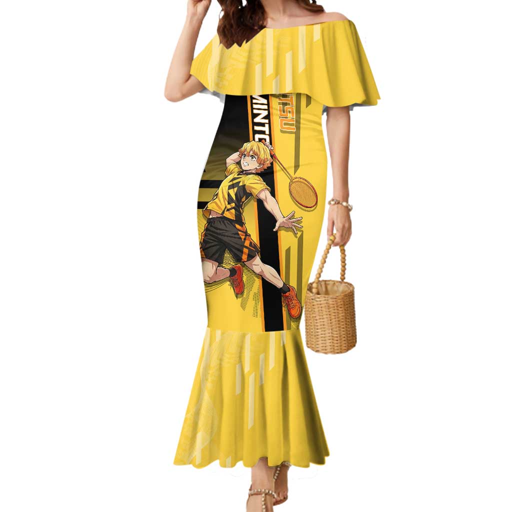 Personalized Zenitsu Agatsuki Demon Slayer Badminton Theme Mermaid Dress with Racket Action Pose and Yellow Black Graphic Design - The Mazicc