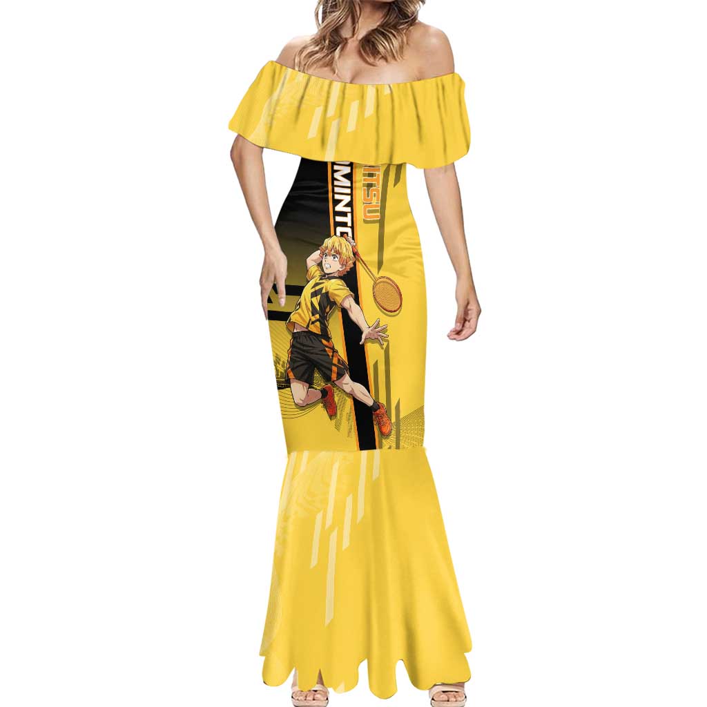 Personalized Zenitsu Agatsuki Demon Slayer Badminton Theme Mermaid Dress with Racket Action Pose and Yellow Black Graphic Design - The Mazicc