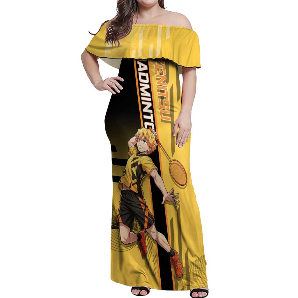 Personalized Zenitsu Agatsuki Demon Slayer Badminton Theme Off Shoulder Maxi Dress with Racket Action Pose and Yellow Black Graphic Design - The Mazicc