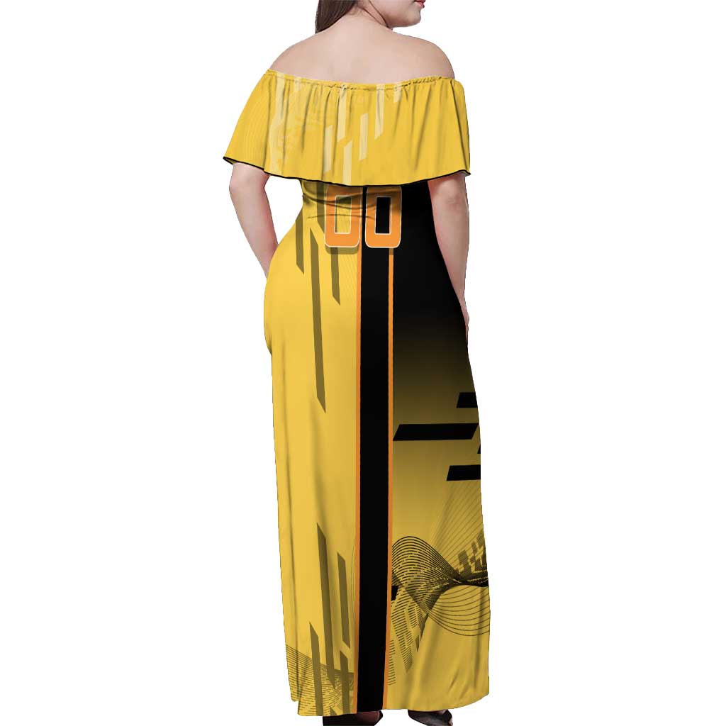 Personalized Zenitsu Agatsuki Demon Slayer Badminton Theme Off Shoulder Maxi Dress with Racket Action Pose and Yellow Black Graphic Design - The Mazicc
