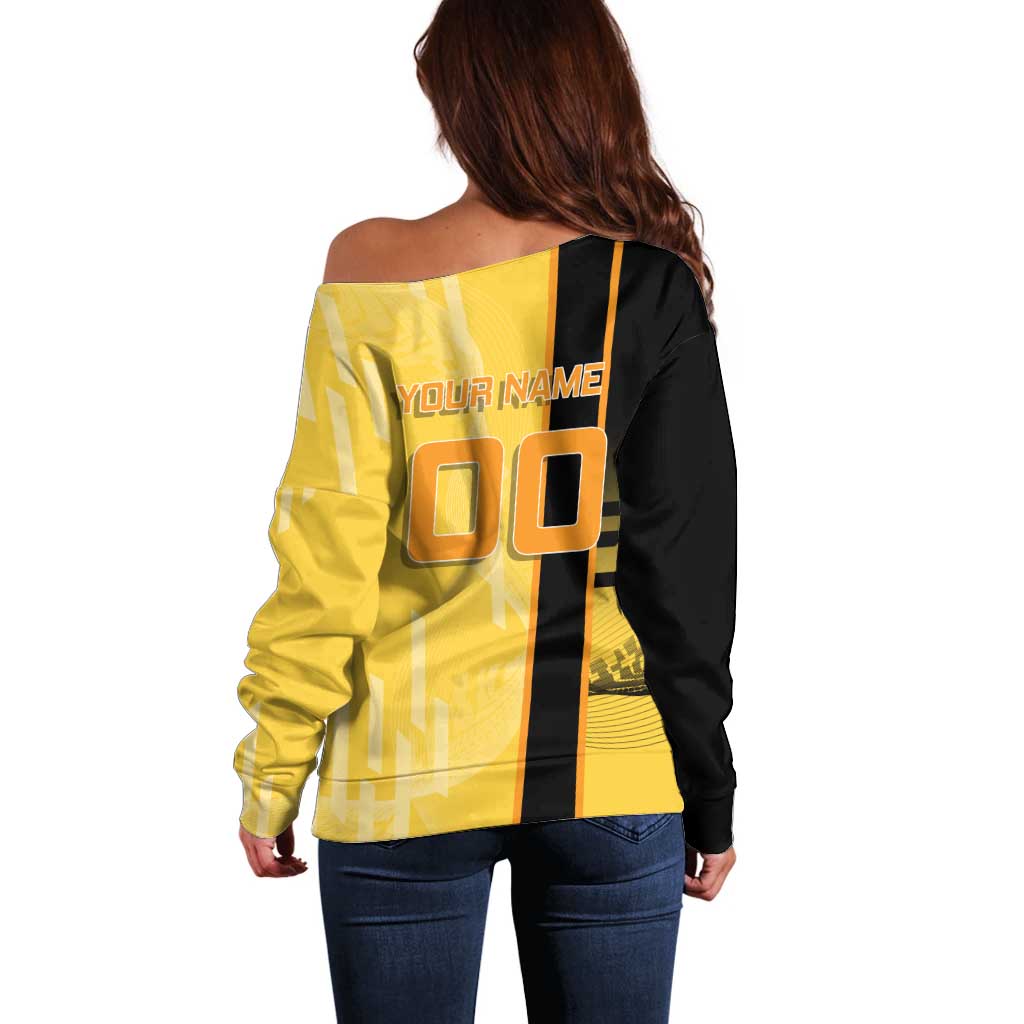 Personalized Zenitsu Agatsuki Demon Slayer Badminton Theme Off Shoulder Sweater with Racket Action Pose and Yellow Black Graphic Design - The Mazicc