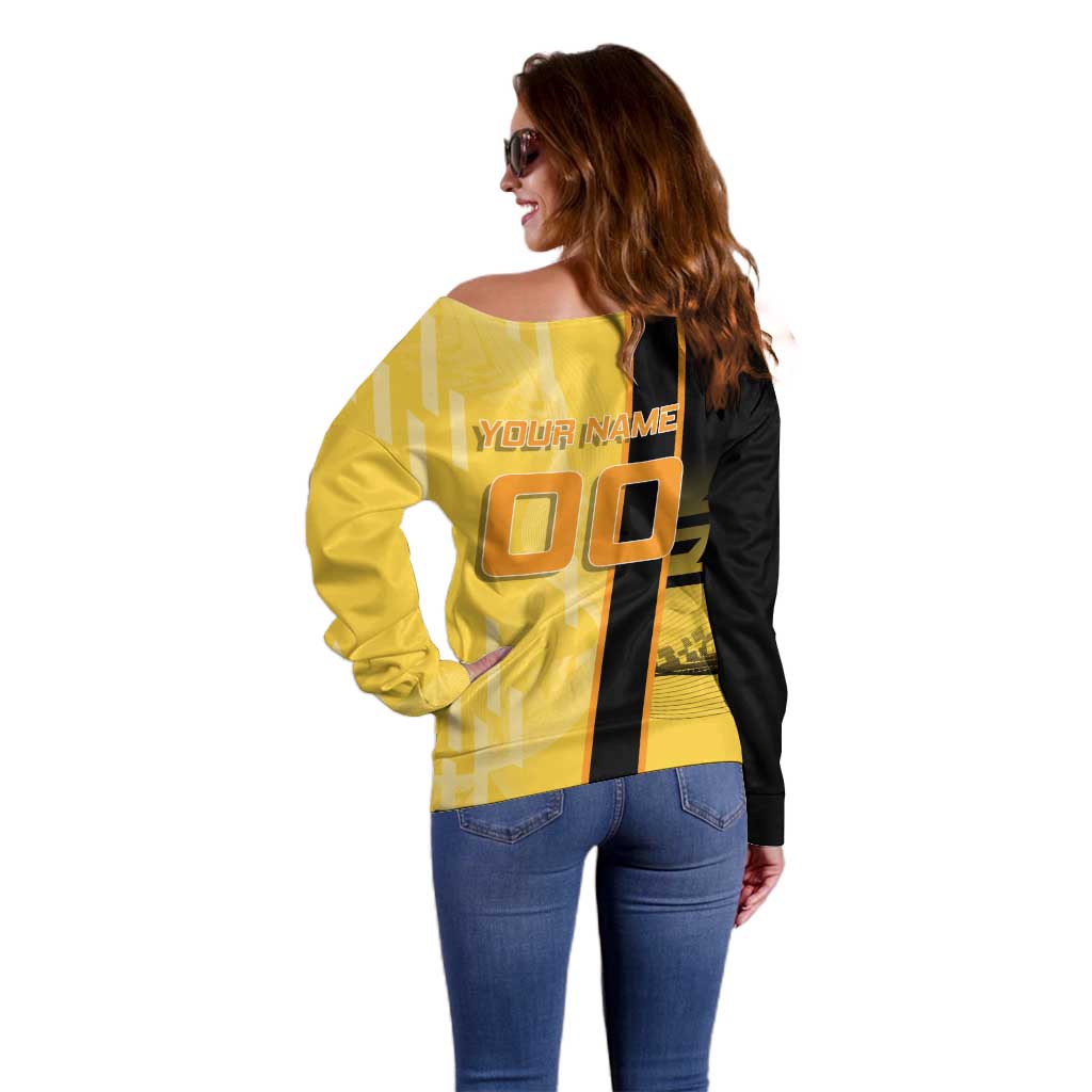 Personalized Zenitsu Agatsuki Demon Slayer Badminton Theme Off Shoulder Sweater with Racket Action Pose and Yellow Black Graphic Design - The Mazicc