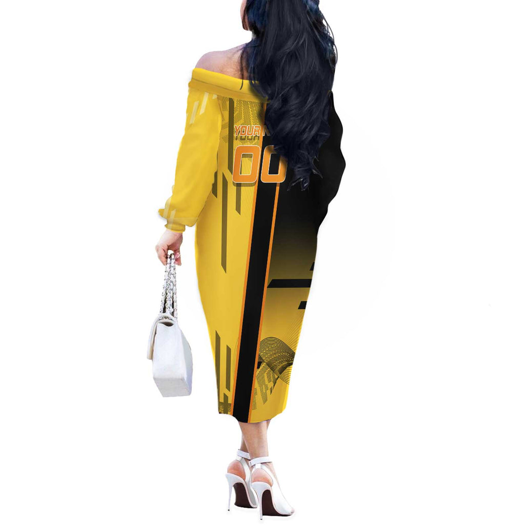 Personalized Zenitsu Agatsuki Demon Slayer Badminton Theme Off The Shoulder Long Sleeve Dress with Racket Action Pose and Yellow Black Graphic Design - The Mazicc