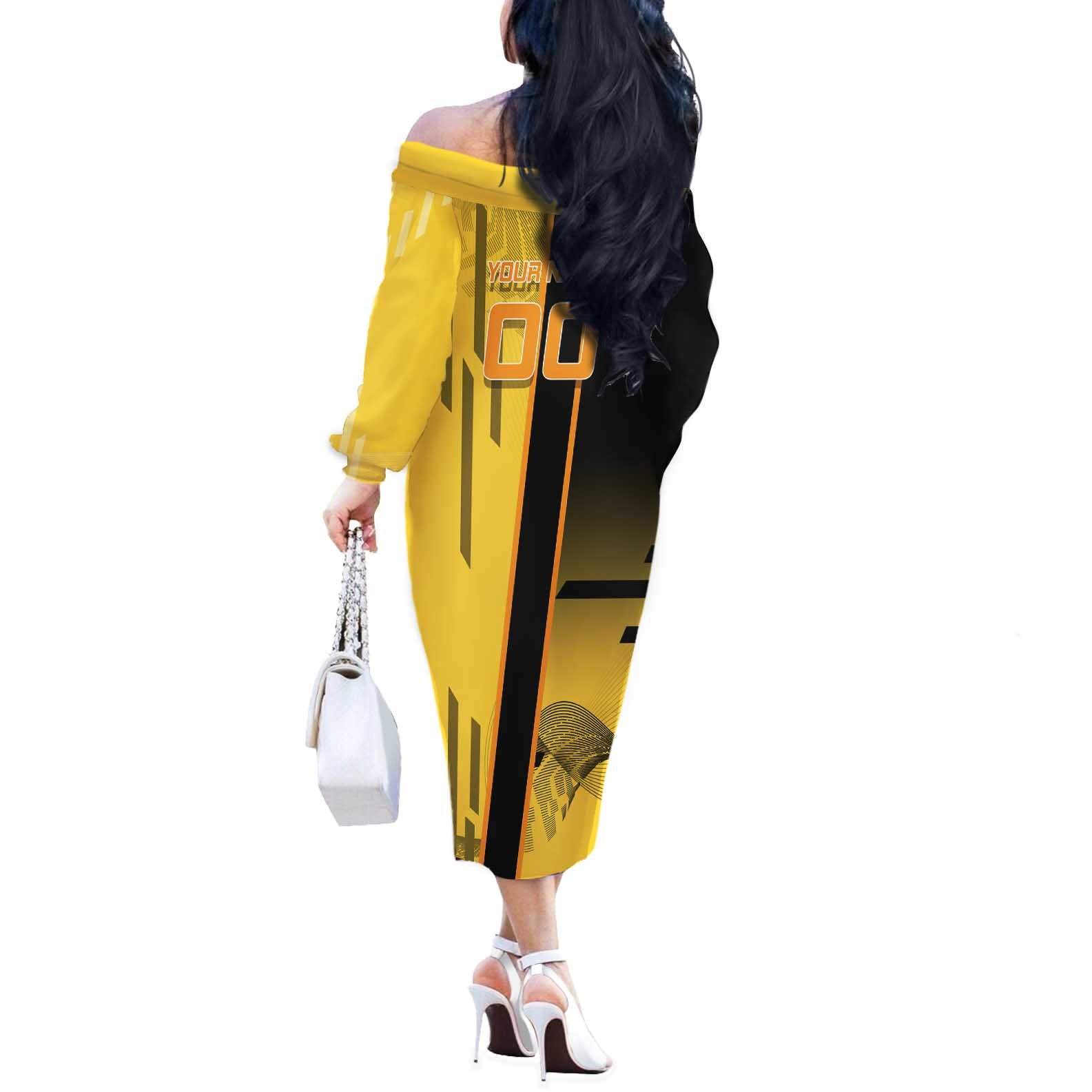 Personalized Zenitsu Agatsuki Demon Slayer Badminton Theme Off The Shoulder Long Sleeve Dress with Racket Action Pose and Yellow Black Graphic Design - The Mazicc