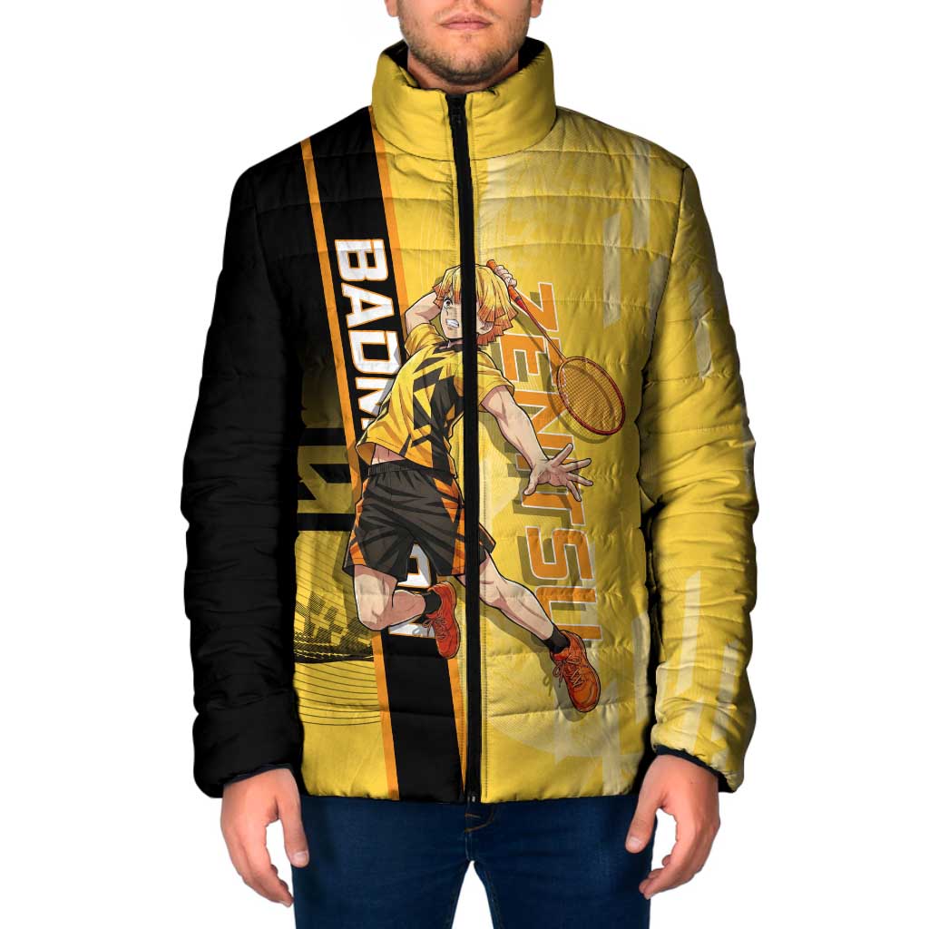 Personalized Zenitsu Agatsuki Demon Slayer Badminton Theme Padded Jacket with Racket Action Pose and Yellow Black Graphic Design - The Mazicc