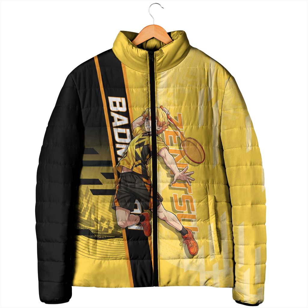 Personalized Zenitsu Agatsuki Demon Slayer Badminton Theme Padded Jacket with Racket Action Pose and Yellow Black Graphic Design - The Mazicc