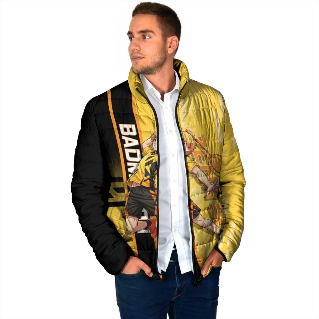 Personalized Zenitsu Agatsuki Demon Slayer Badminton Theme Padded Jacket with Racket Action Pose and Yellow Black Graphic Design - The Mazicc