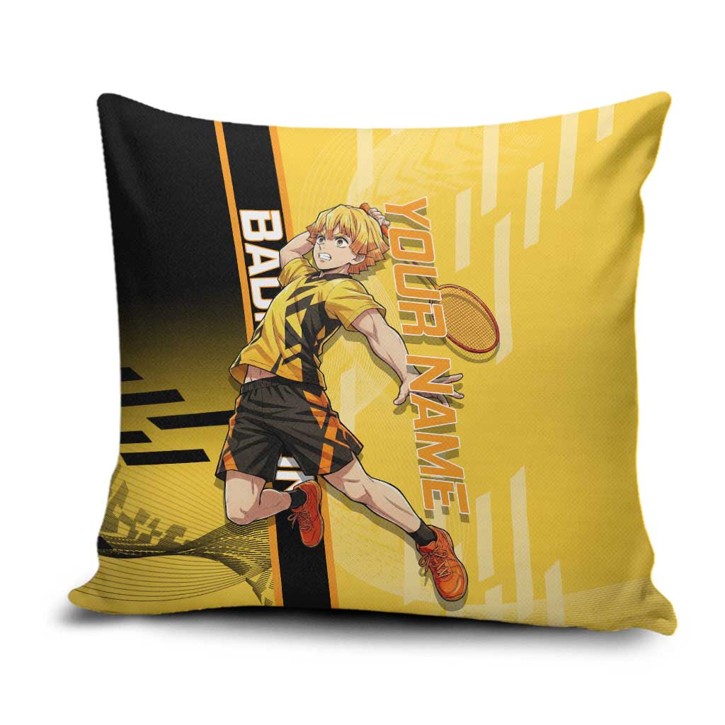 Personalized Zenitsu Agatsuki Demon Slayer Badminton Theme Pillow Cover with Racket Action Pose and Yellow Black Graphic Design - The Mazicc