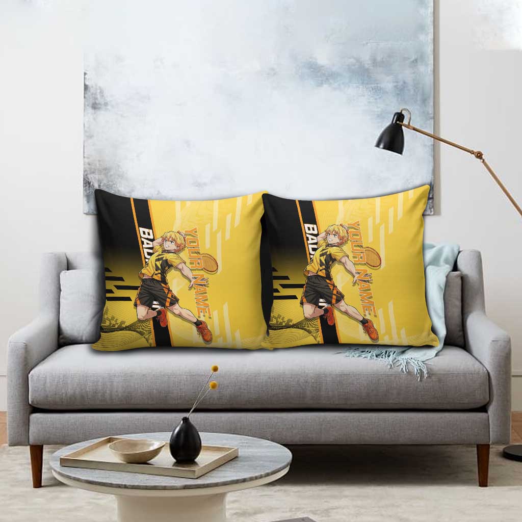 Personalized Zenitsu Agatsuki Demon Slayer Badminton Theme Pillow Cover with Racket Action Pose and Yellow Black Graphic Design - The Mazicc