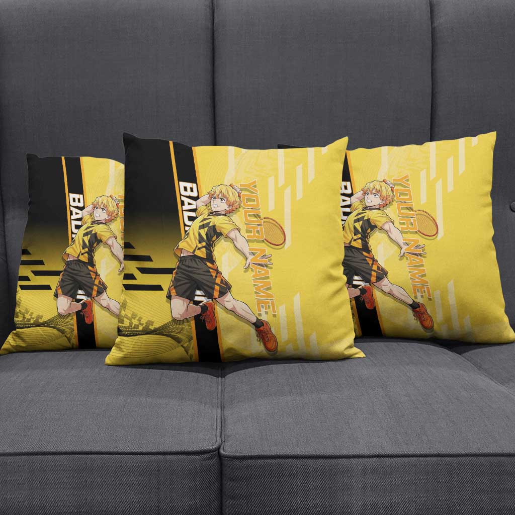 Personalized Zenitsu Agatsuki Demon Slayer Badminton Theme Pillow Cover with Racket Action Pose and Yellow Black Graphic Design - The Mazicc