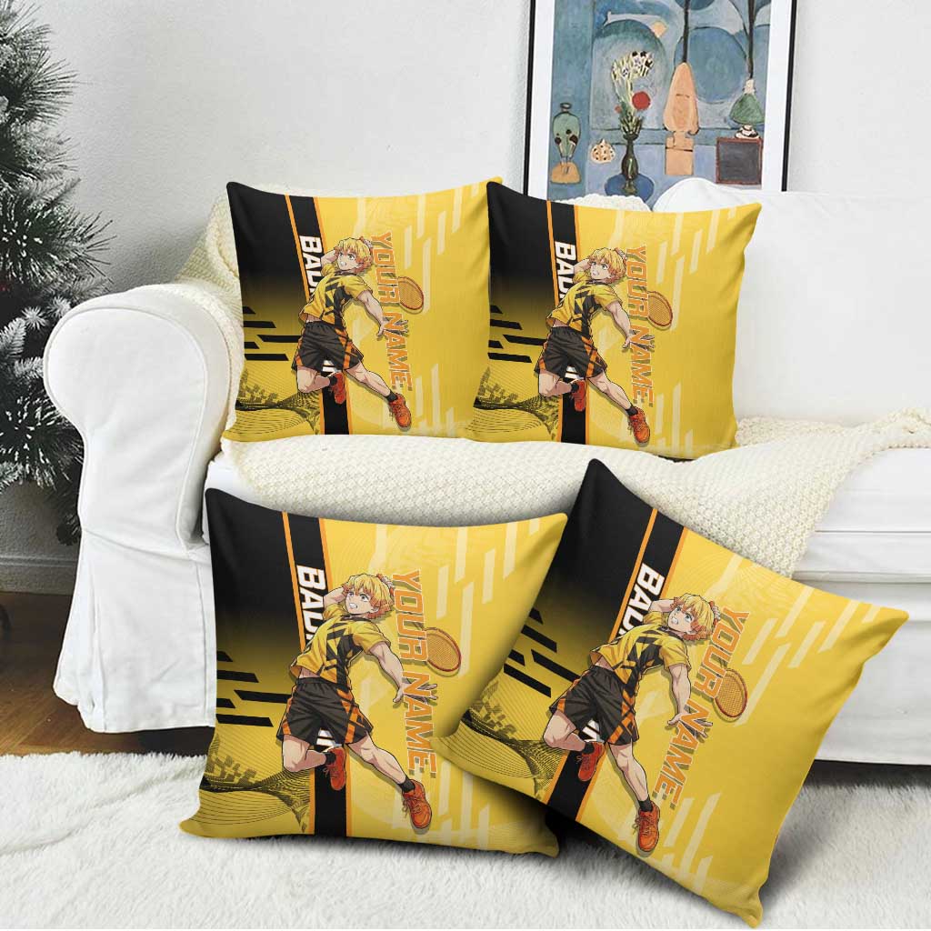 Personalized Zenitsu Agatsuki Demon Slayer Badminton Theme Pillow Cover with Racket Action Pose and Yellow Black Graphic Design - The Mazicc