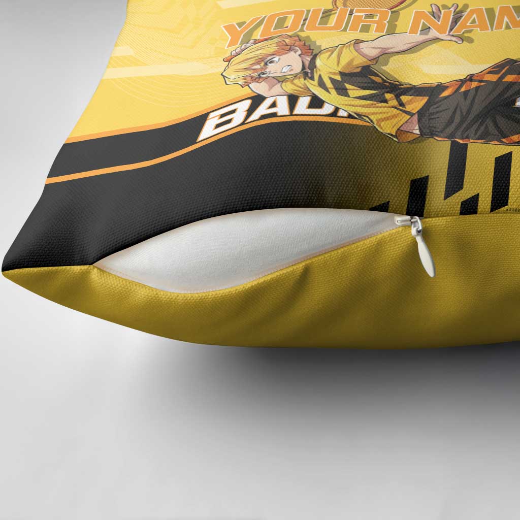 Personalized Zenitsu Agatsuki Demon Slayer Badminton Theme Pillow Cover with Racket Action Pose and Yellow Black Graphic Design - The Mazicc