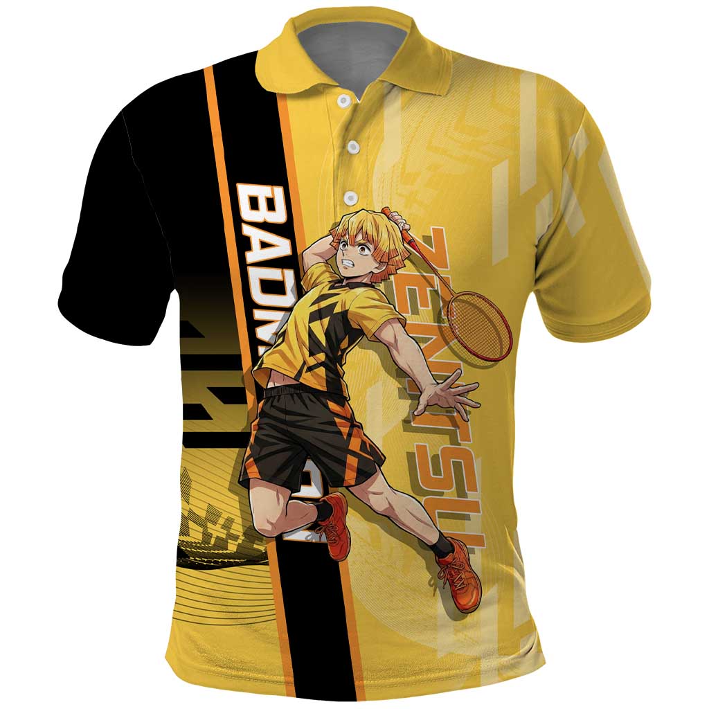Personalized Zenitsu Agatsuki Demon Slayer Badminton Theme Polo Shirt with Racket Action Pose and Yellow Black Graphic Design - The Mazicc