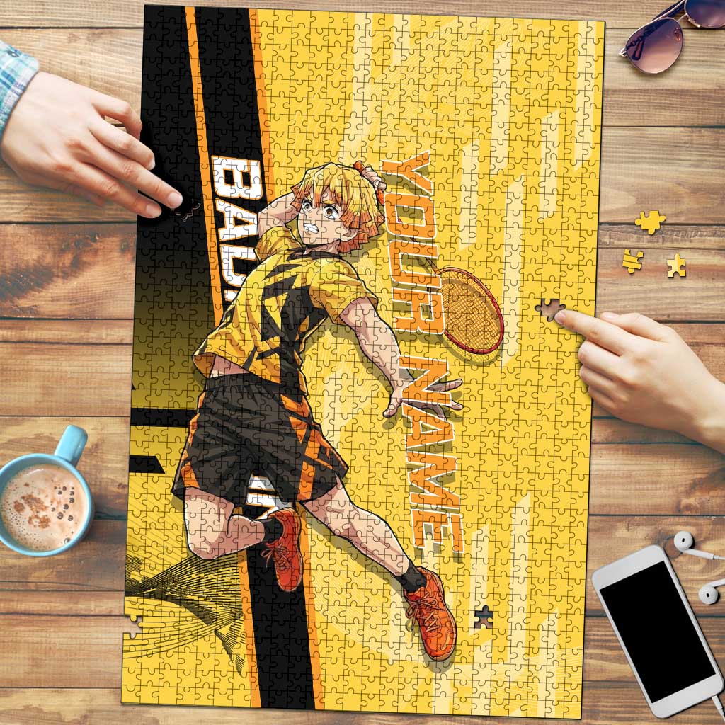 Personalized Zenitsu Agatsuki Demon Slayer Badminton Theme Puzzle with Racket Action Pose and Yellow Black Graphic Design - The Mazicc