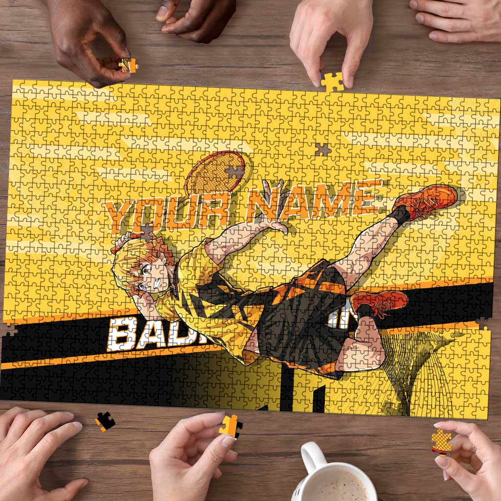 Personalized Zenitsu Agatsuki Demon Slayer Badminton Theme Puzzle with Racket Action Pose and Yellow Black Graphic Design - The Mazicc