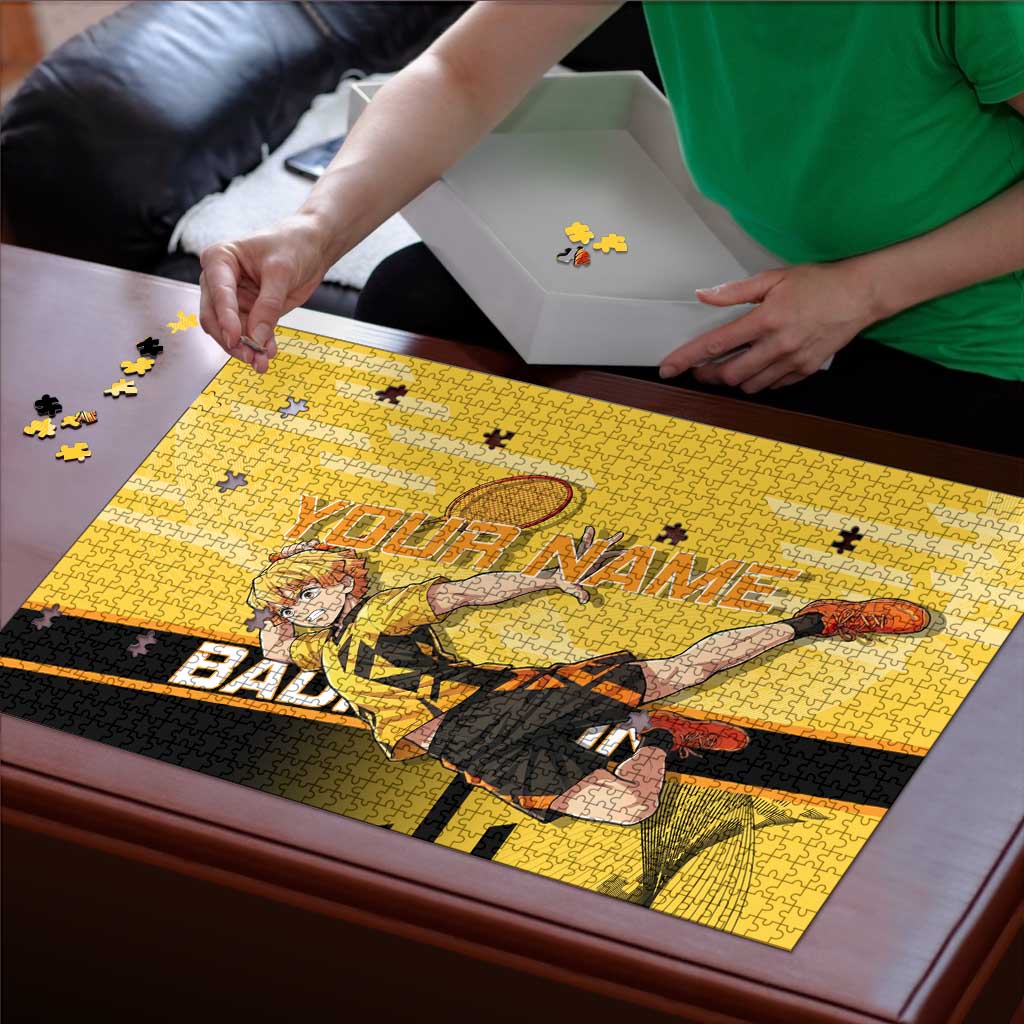 Personalized Zenitsu Agatsuki Demon Slayer Badminton Theme Puzzle with Racket Action Pose and Yellow Black Graphic Design - The Mazicc