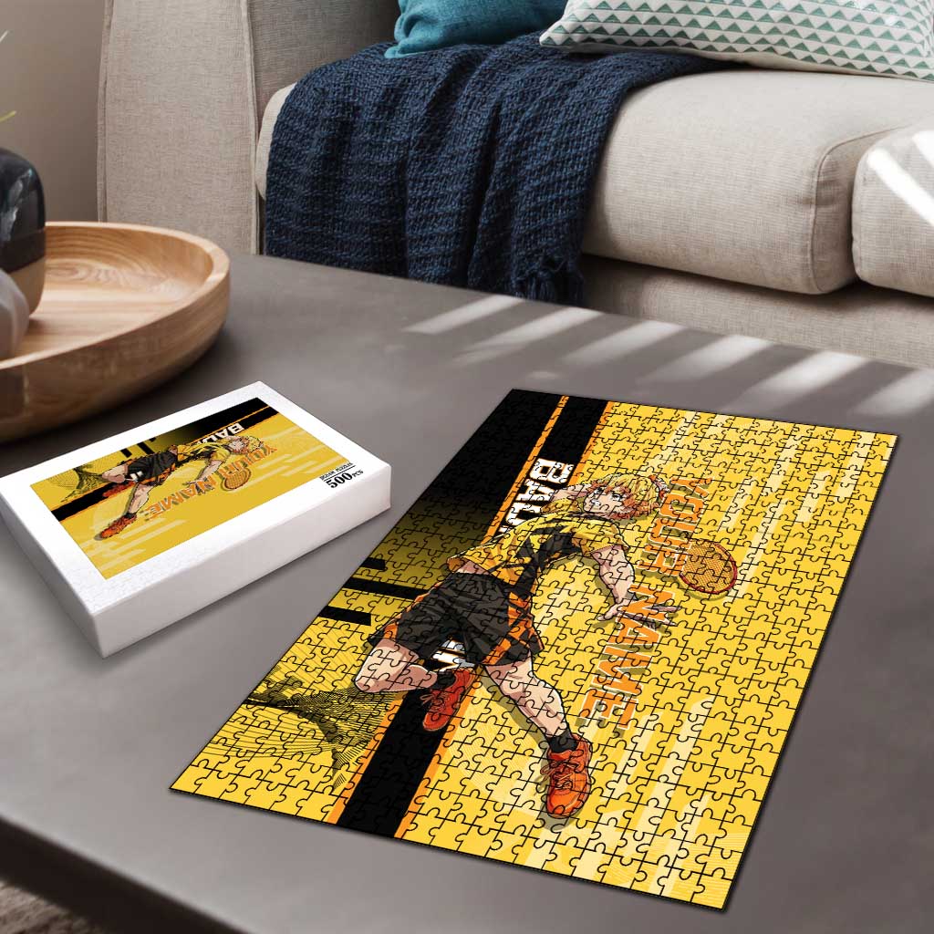 Personalized Zenitsu Agatsuki Demon Slayer Badminton Theme Puzzle with Racket Action Pose and Yellow Black Graphic Design - The Mazicc