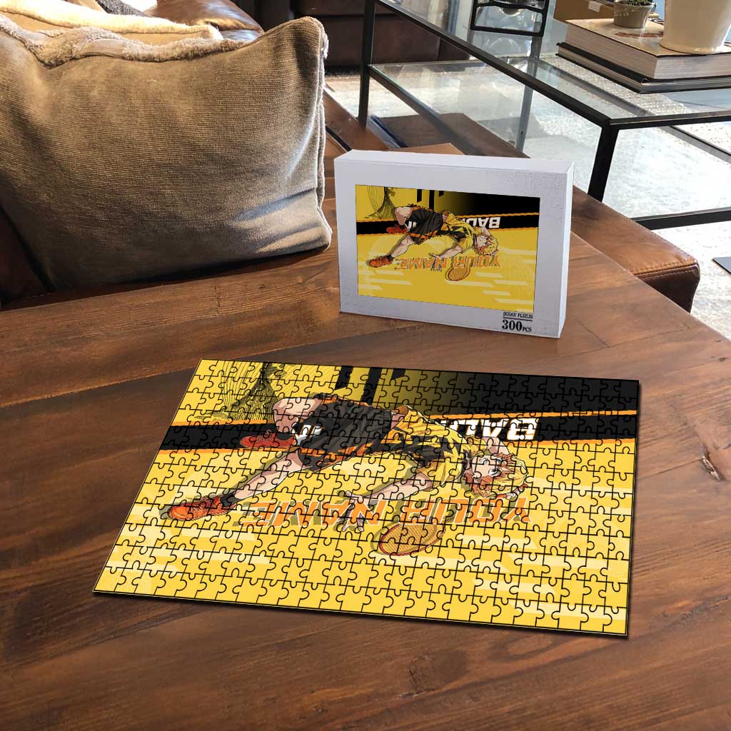 Personalized Zenitsu Agatsuki Demon Slayer Badminton Theme Puzzle with Racket Action Pose and Yellow Black Graphic Design - The Mazicc