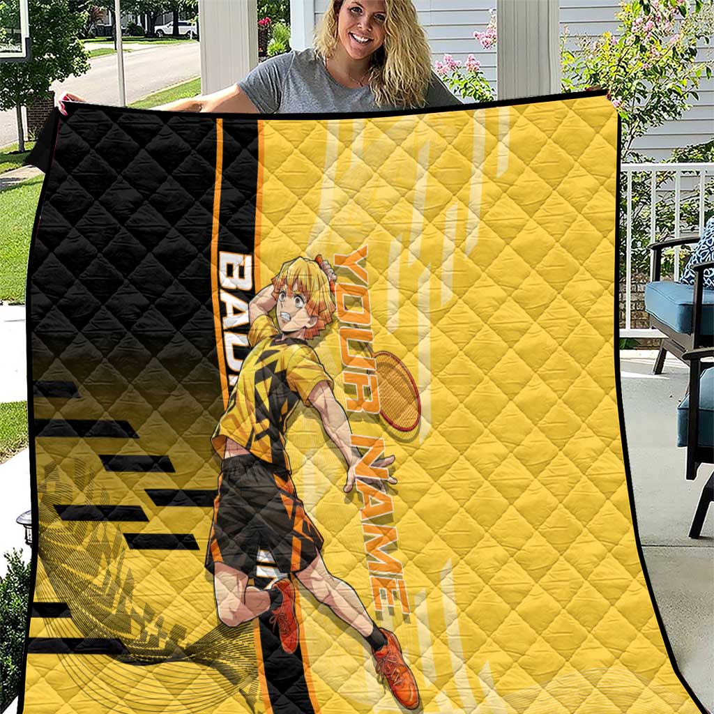 Personalized Zenitsu Agatsuki Demon Slayer Badminton Theme Quilt with Racket Action Pose and Yellow Black Graphic Design - The Mazicc