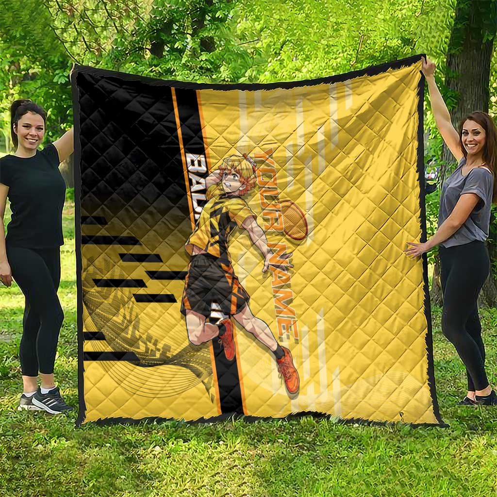 Personalized Zenitsu Agatsuki Demon Slayer Badminton Theme Quilt with Racket Action Pose and Yellow Black Graphic Design - The Mazicc