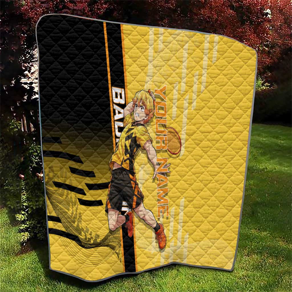 Personalized Zenitsu Agatsuki Demon Slayer Badminton Theme Quilt with Racket Action Pose and Yellow Black Graphic Design - The Mazicc