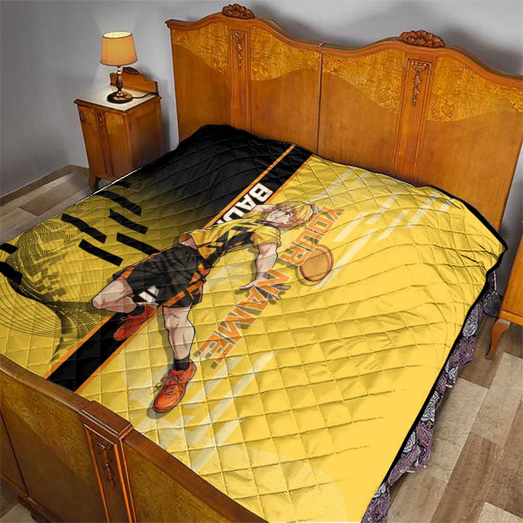 Personalized Zenitsu Agatsuki Demon Slayer Badminton Theme Quilt with Racket Action Pose and Yellow Black Graphic Design - The Mazicc