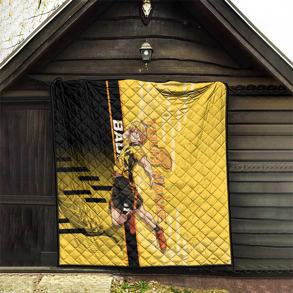 Personalized Zenitsu Agatsuki Demon Slayer Badminton Theme Quilt with Racket Action Pose and Yellow Black Graphic Design - The Mazicc