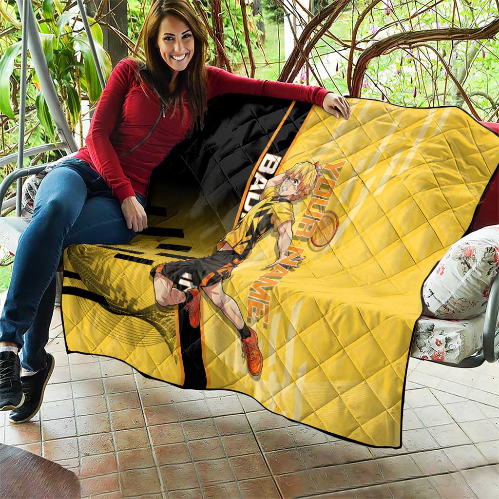 Personalized Zenitsu Agatsuki Demon Slayer Badminton Theme Quilt with Racket Action Pose and Yellow Black Graphic Design - The Mazicc
