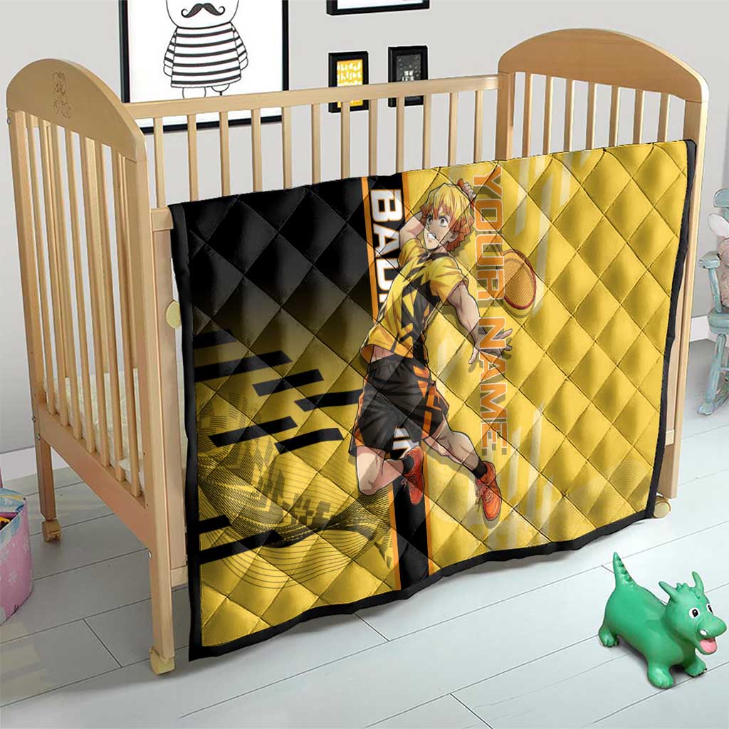 Personalized Zenitsu Agatsuki Demon Slayer Badminton Theme Quilt with Racket Action Pose and Yellow Black Graphic Design - The Mazicc