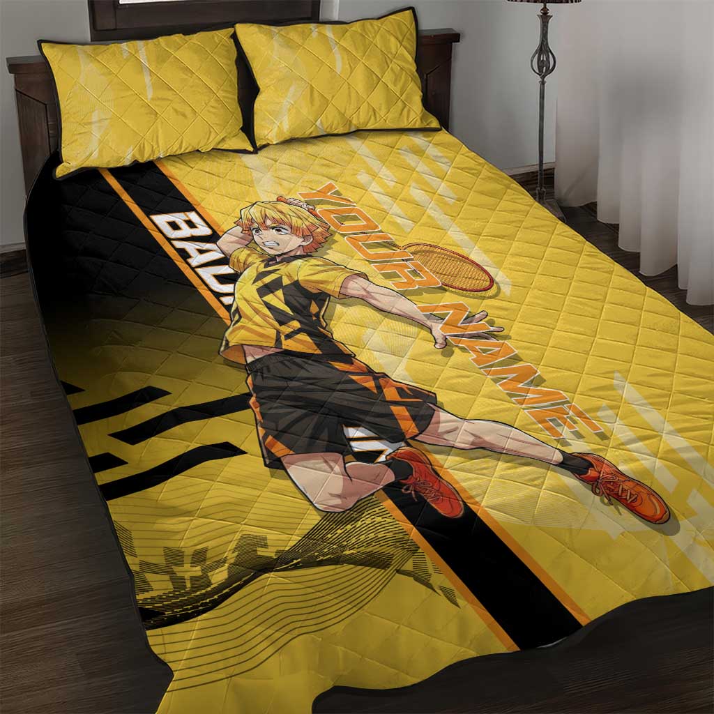 Personalized Zenitsu Agatsuki Demon Slayer Badminton Theme Quilt Bed Set with Racket Action Pose and Yellow Black Graphic Design - The Mazicc