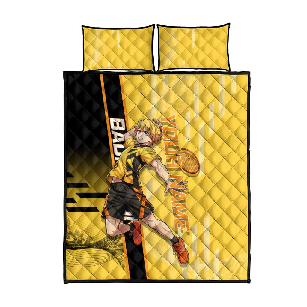 Personalized Zenitsu Agatsuki Demon Slayer Badminton Theme Quilt Bed Set with Racket Action Pose and Yellow Black Graphic Design - The Mazicc
