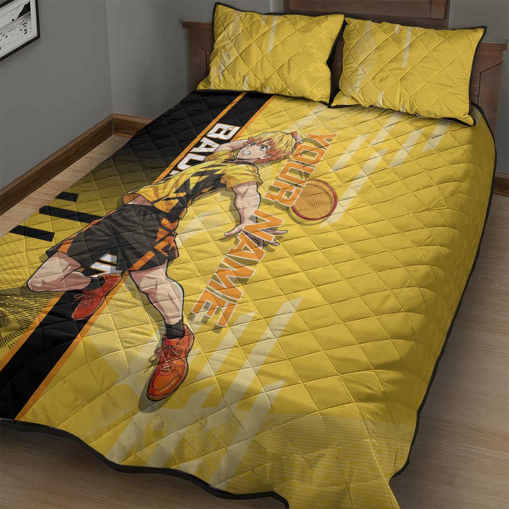 Personalized Zenitsu Agatsuki Demon Slayer Badminton Theme Quilt Bed Set with Racket Action Pose and Yellow Black Graphic Design - The Mazicc