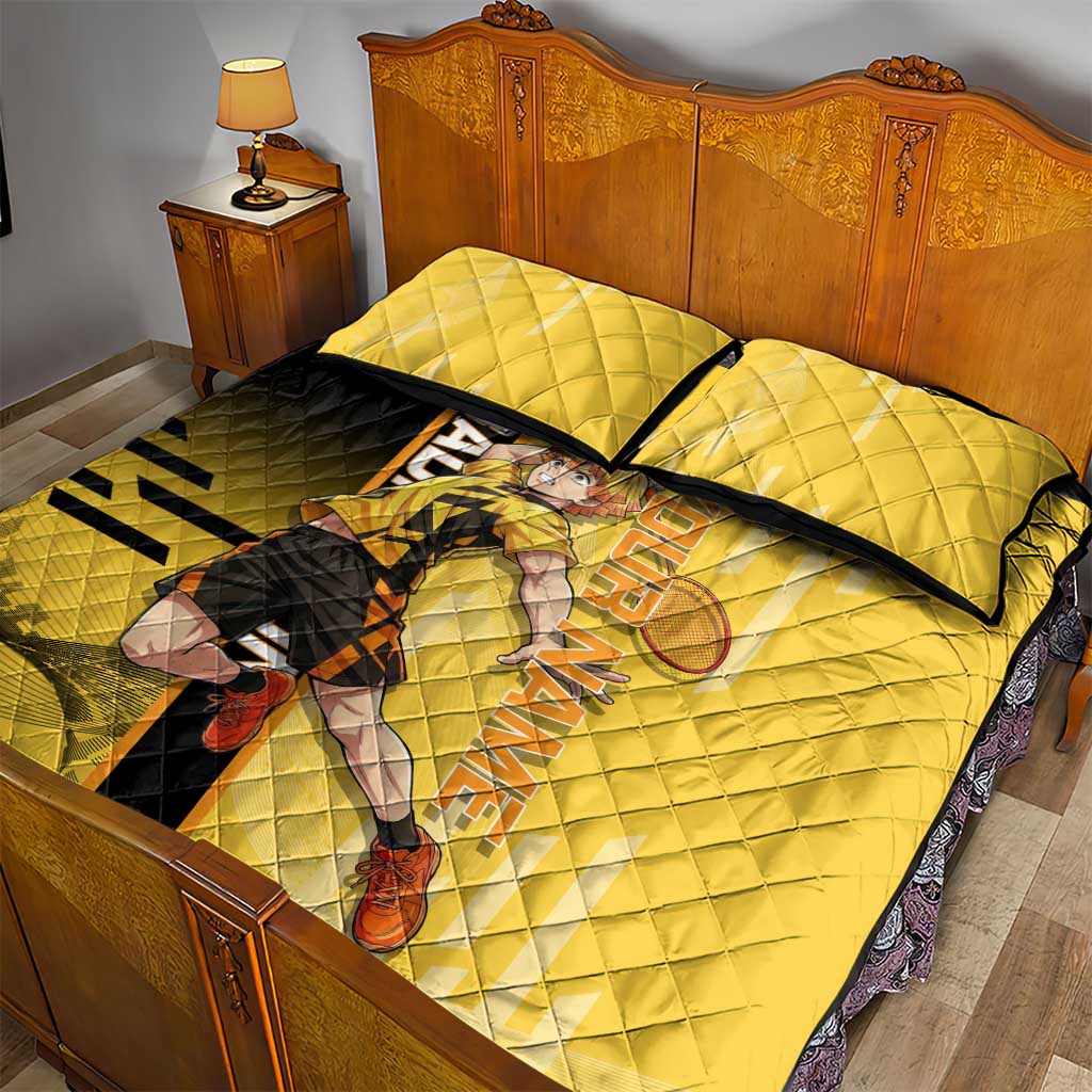 Personalized Zenitsu Agatsuki Demon Slayer Badminton Theme Quilt Bed Set with Racket Action Pose and Yellow Black Graphic Design - The Mazicc